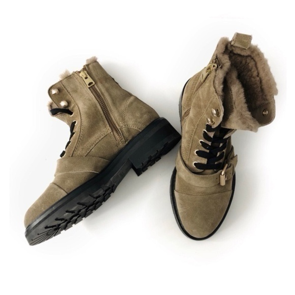 All Saints Donita Tan Suede Ankle Boots size 38/7.5 Zip up combat lace up